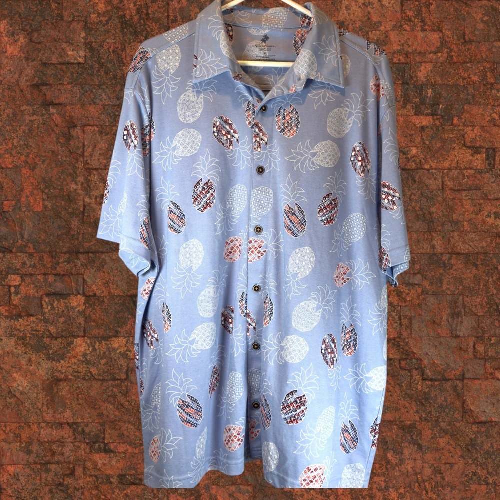 Caribbean Supima Mens XL Hawaiian Shirt Light Blue Tropical Pineapple Button Up